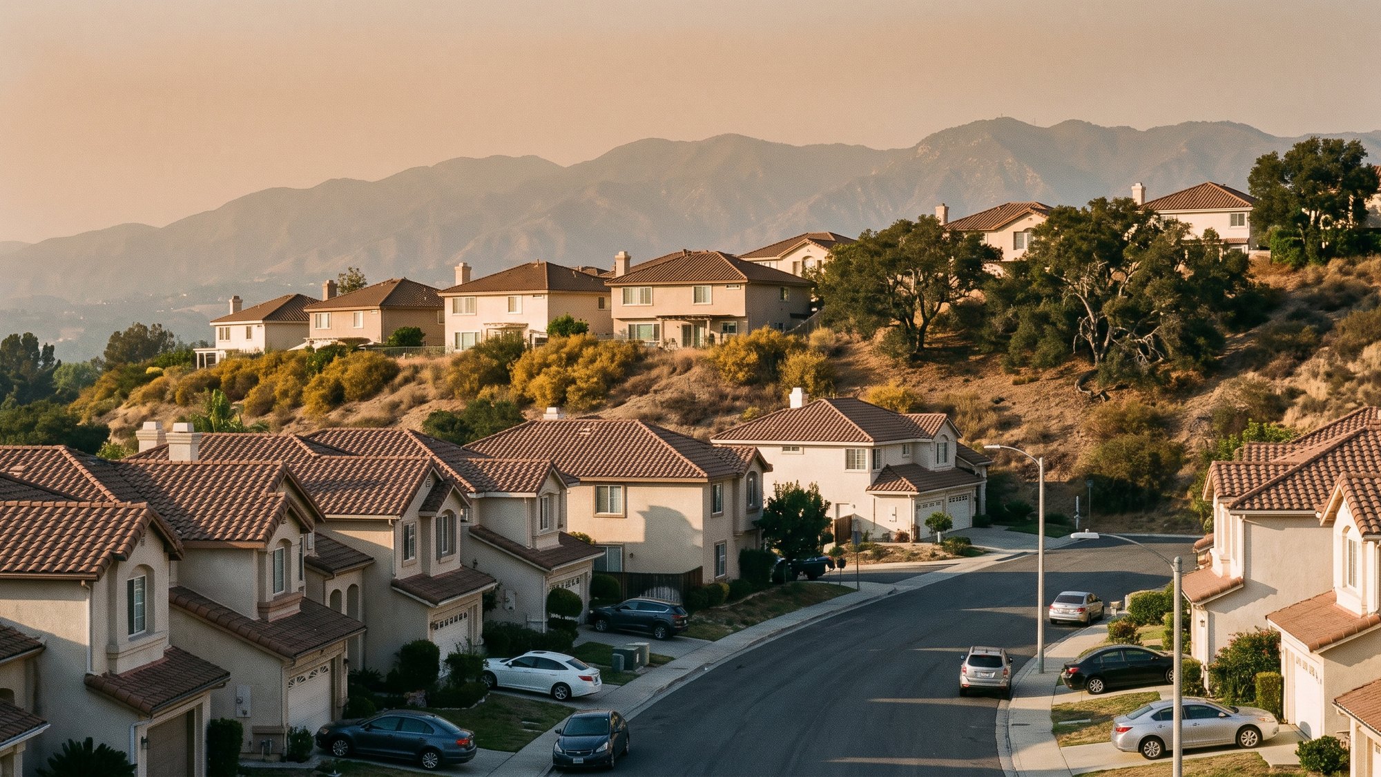 Concrete tile roofs on 1980s Calabasas houses below a dry chaparral hillside