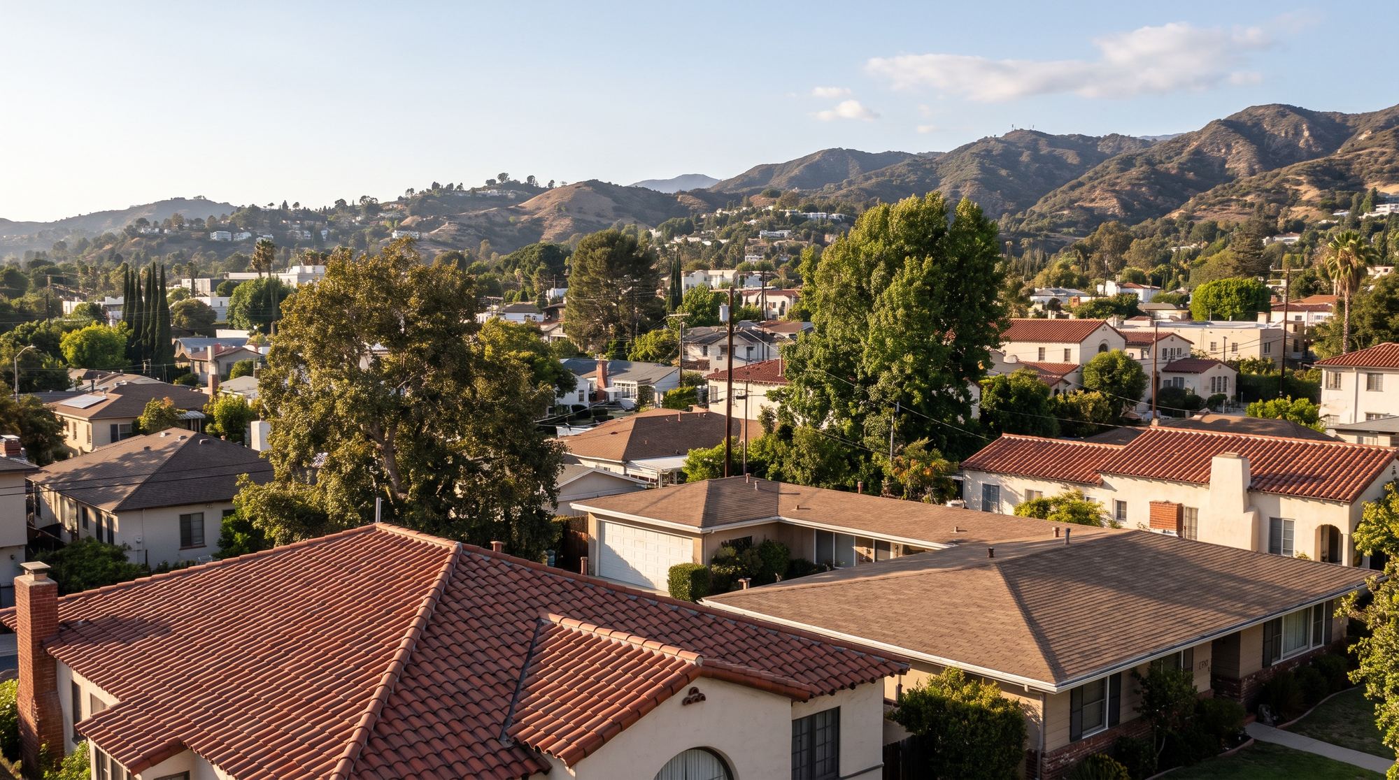 Glendale neighborhood of Spanish tile and low-slope ranch roofs