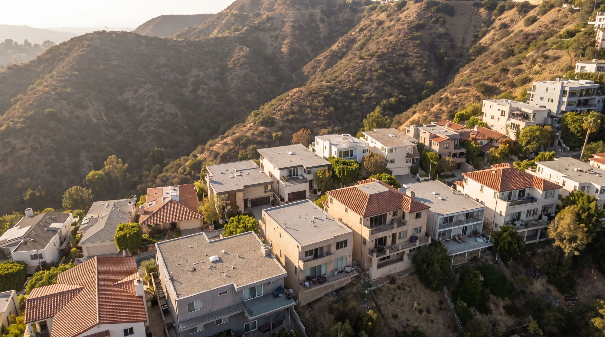 Houses stepped down a Hollywood Hills canyon with flat and tile roofs