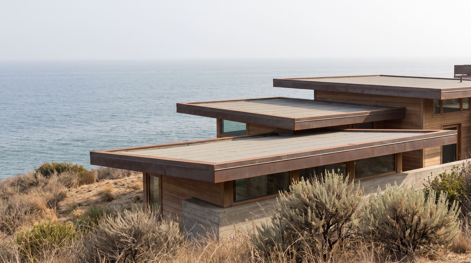 A modern house on a Malibu coastal bluff with a low-slope roof