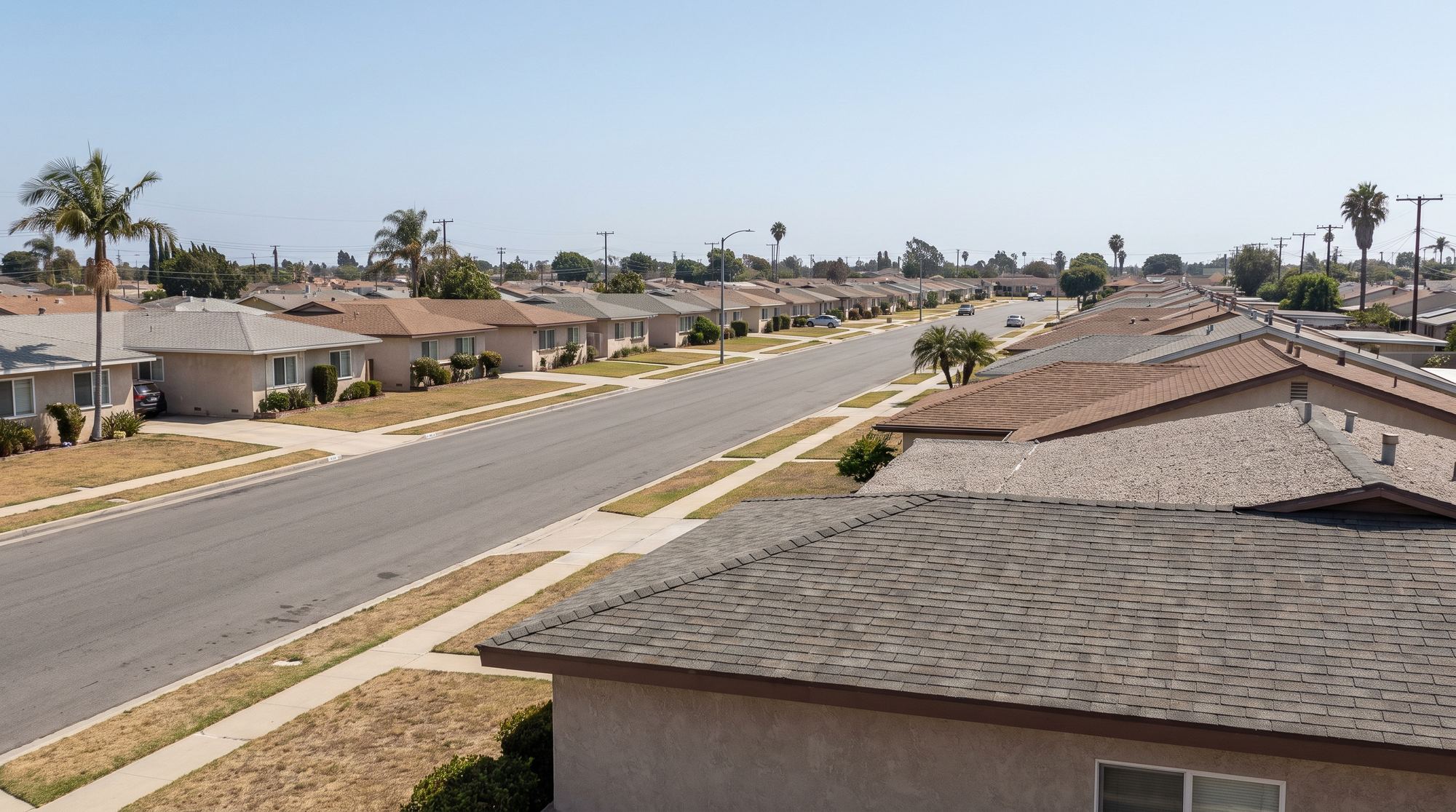 A postwar Torrance tract of low-pitched roofs on a flat street