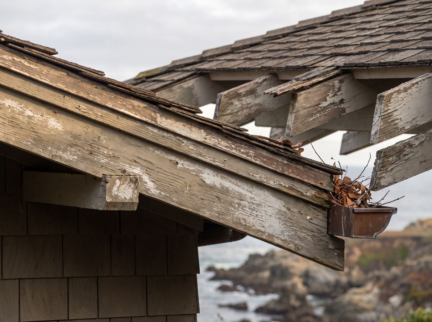 A weathered wood-shingle eave with peeling rafter tails and a rusted gutter full of leaves, with the ocean behind