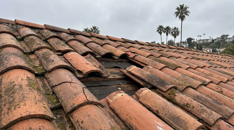 Cracked and slipped tiles on an older Los Angeles roof