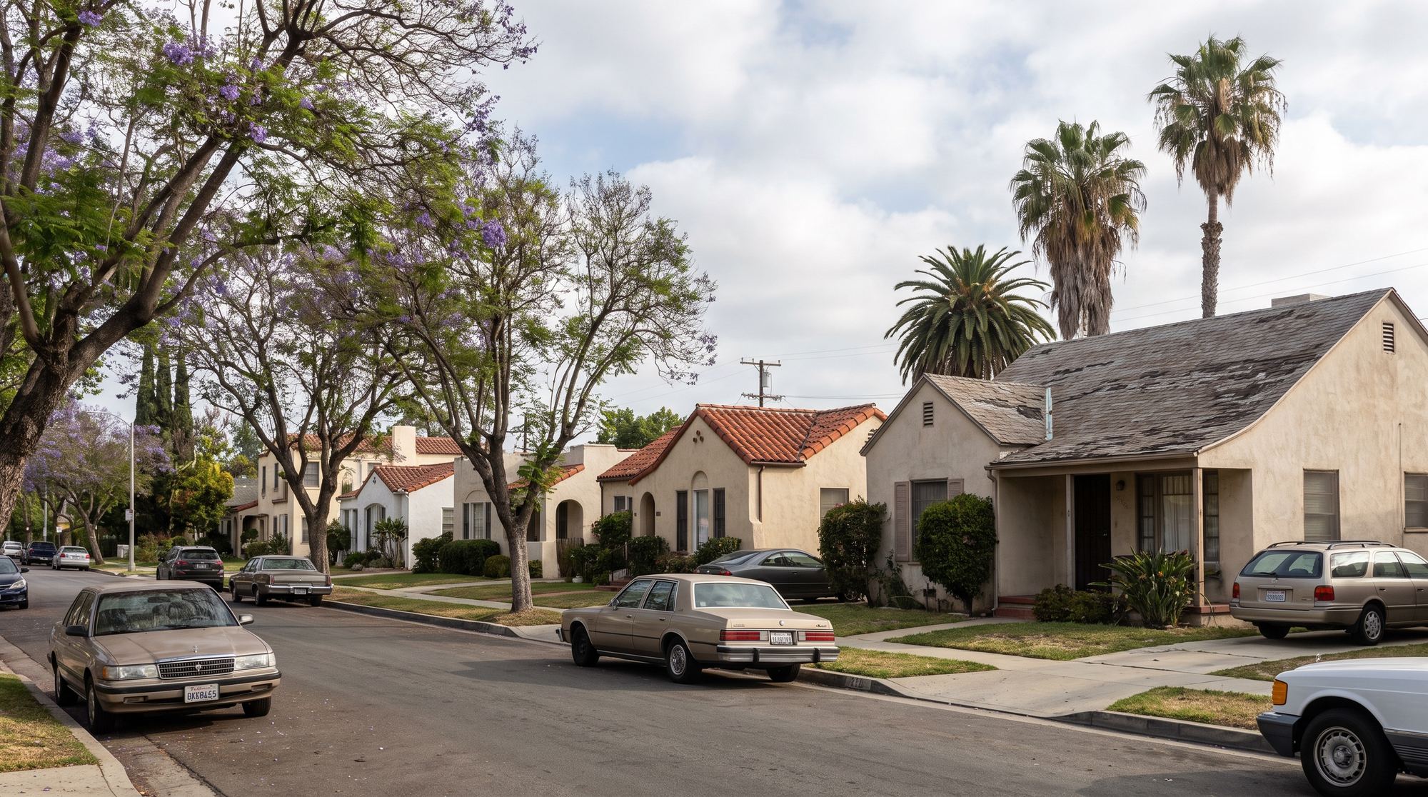 A Los Angeles residential street with a mix of clay tile and composition shingle roofs