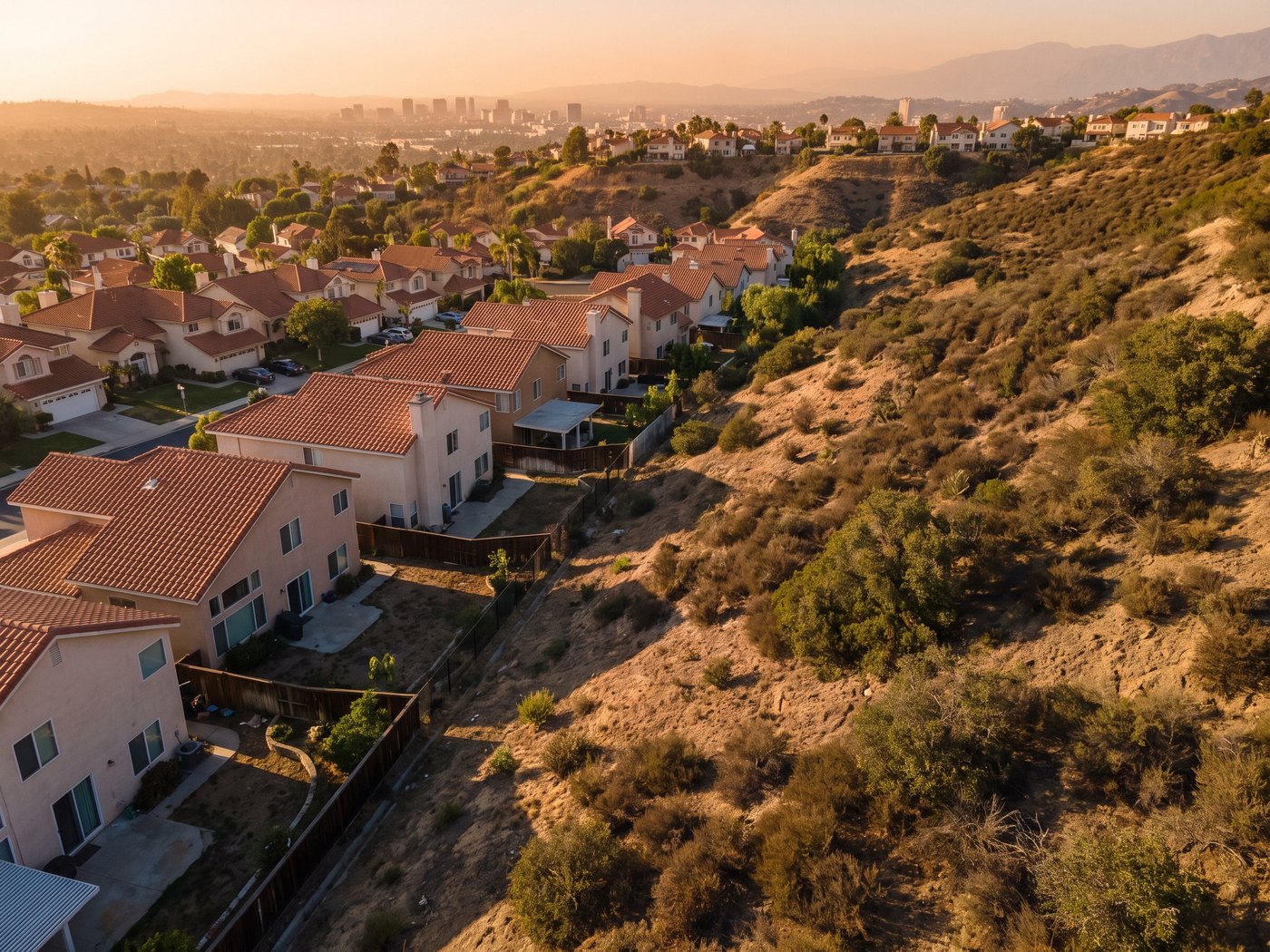 Tile roofed houses backing onto dry chaparral brush on a Los Angeles hillside