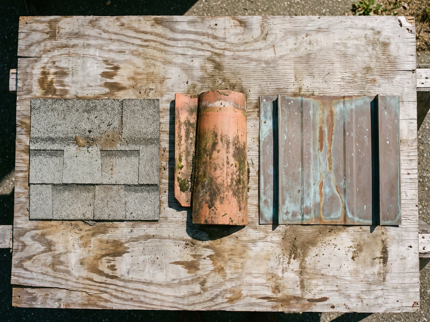 A composition shingle, a clay barrel tile and a piece of standing seam metal laid side by side